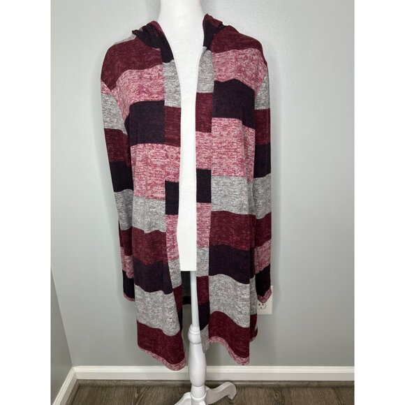True Self Striped Hooded Knit Cardigan Sweater In Red &amp; Gray XL - Picture 3 of 12